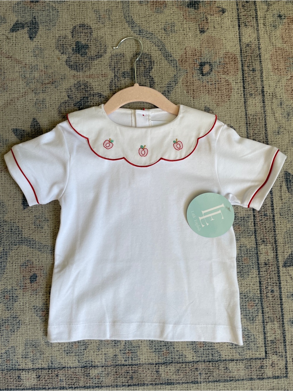 🍎 Little English Scallop Apple White Short Sleeve Cotton Shirt Red Piping 3T